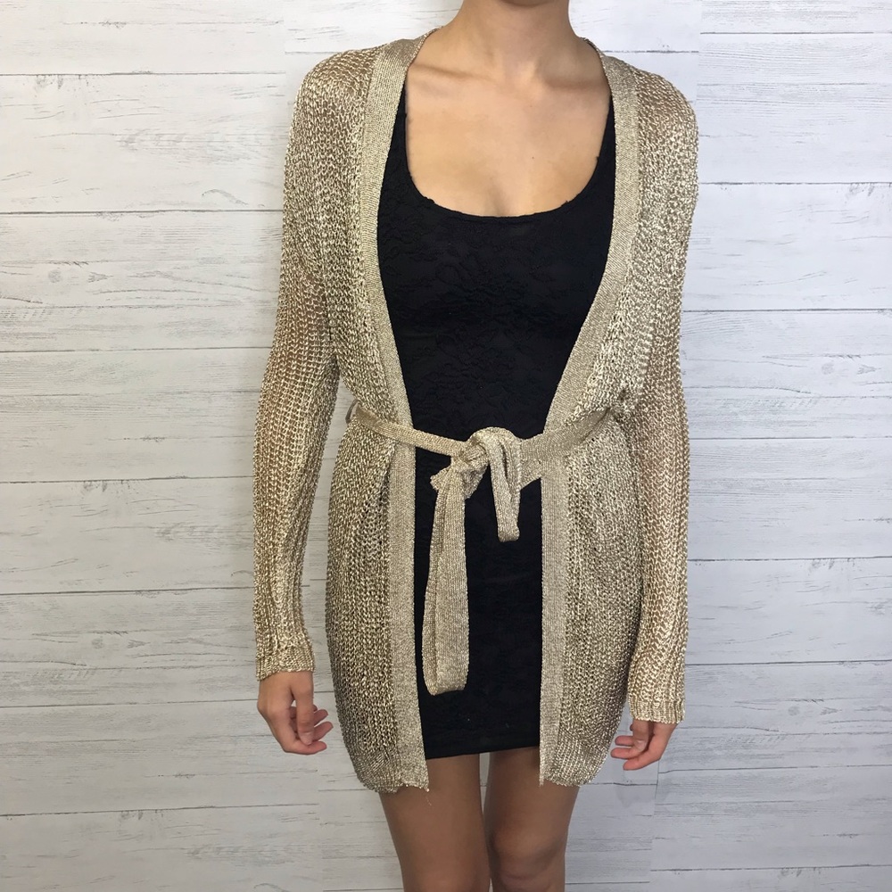 Lely ❤️ Wood Open Knit Tie Waist Metallic Cardigan